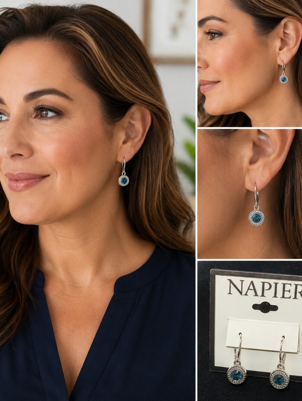 Napier NWT Signed 1" Blue Crystal Silver Tone Leverback Drop Earrings
